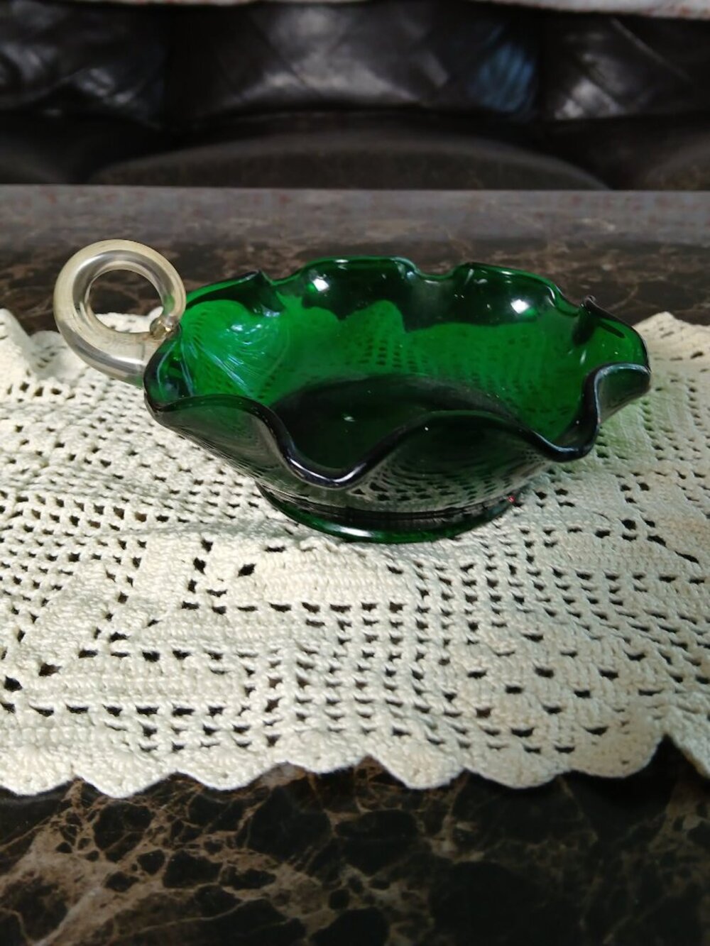 Vintage Forest Green Glass Candy Dish with Clear Handle Scalloped Edges